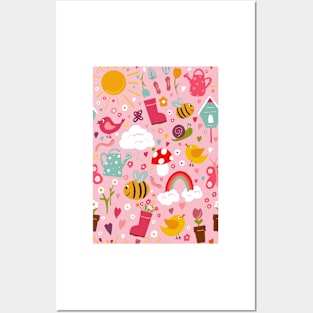 Garden Fun repeat pattern on a pink background Posters and Art